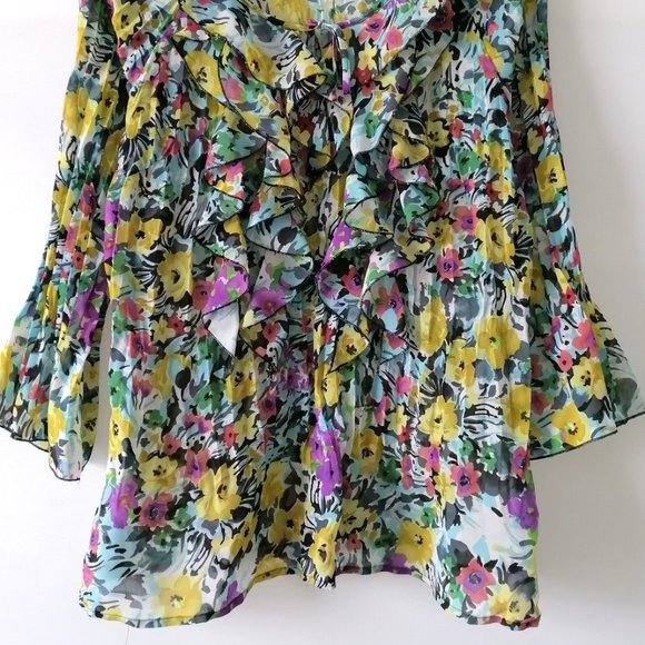 NY Collections Womens Multicolor Flared Sleeve Ruffle Floral Blouse Top Size L - Picture 3 of 6